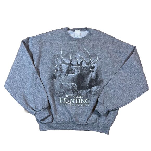 Vtg Big Game Hunting Sweater Mens Elk 90s Made In USA Crewneck Pullover Gray L - Picture 1 of 7